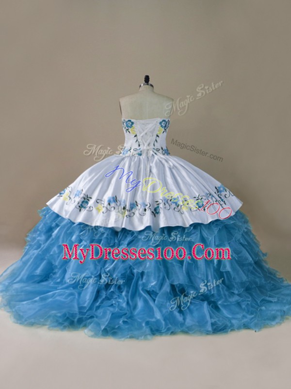 Shining Floor Length Lace Up Quinceanera Gowns Blue for Sweet 16 and Quinceanera with Embroidery and Ruffles