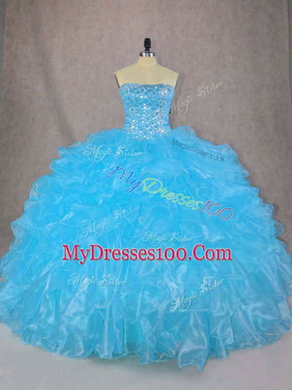 Blue Sleeveless Beading and Ruffles Floor Length Quinceanera Gown