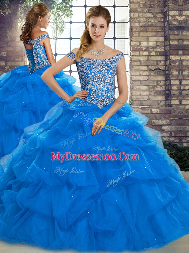 Top Selling Sleeveless Brush Train Lace Up Beading and Pick Ups Quinceanera Dresses