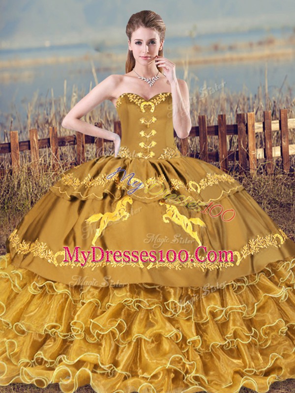 Organza Sweetheart Sleeveless Brush Train Lace Up Embroidery and Ruffles Quinceanera Gown in Brown