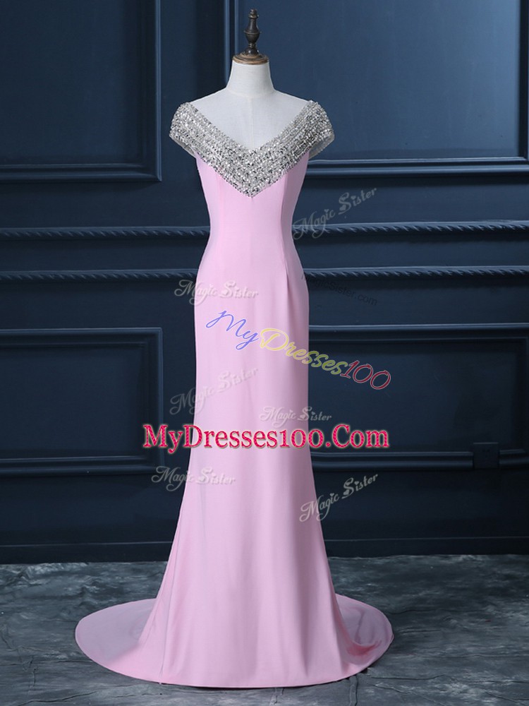 Fantastic Pink Prom Dress Prom and Party and Military Ball with Beading V-neck Cap Sleeves Court Train Side Zipper
