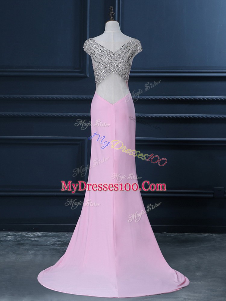 Fantastic Pink Prom Dress Prom and Party and Military Ball with Beading V-neck Cap Sleeves Court Train Side Zipper