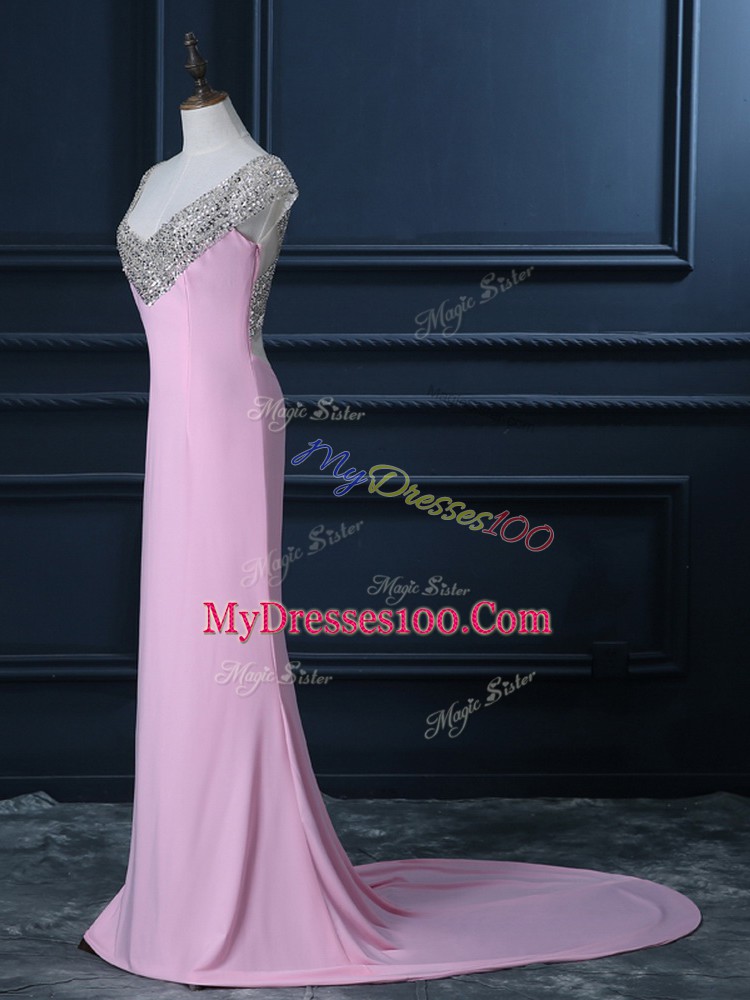 Fantastic Pink Prom Dress Prom and Party and Military Ball with Beading V-neck Cap Sleeves Court Train Side Zipper