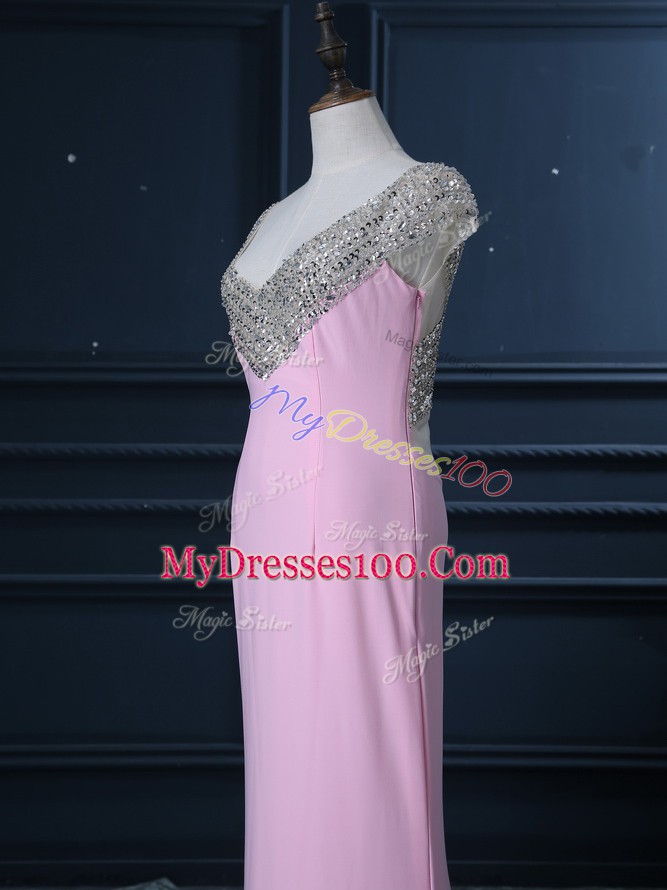 Fantastic Pink Prom Dress Prom and Party and Military Ball with Beading V-neck Cap Sleeves Court Train Side Zipper