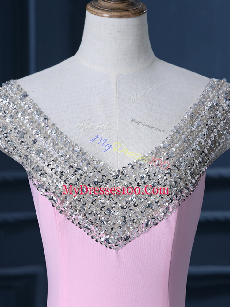 Fantastic Pink Prom Dress Prom and Party and Military Ball with Beading V-neck Cap Sleeves Court Train Side Zipper