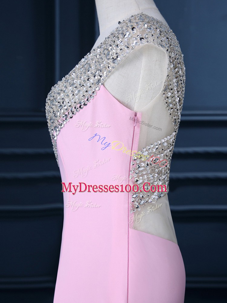 Fantastic Pink Prom Dress Prom and Party and Military Ball with Beading V-neck Cap Sleeves Court Train Side Zipper