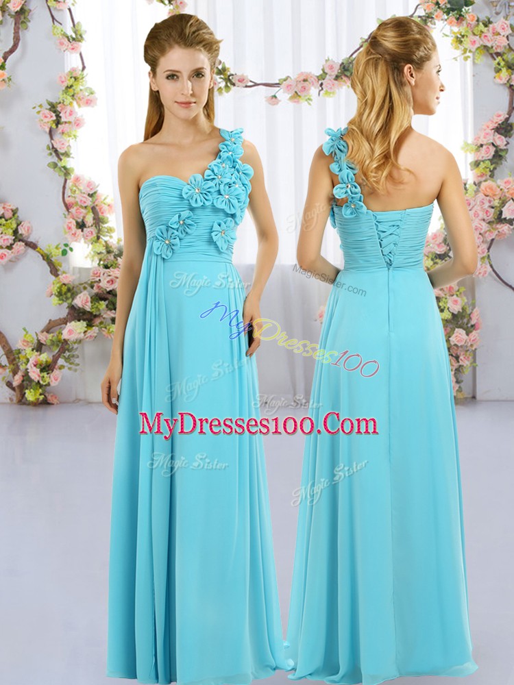 Excellent Floor Length Aqua Blue Quinceanera Dama Dress Chiffon Sleeveless Hand Made Flower