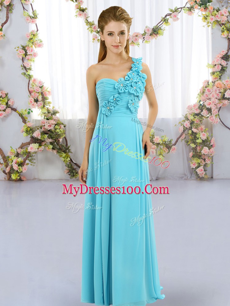 Excellent Floor Length Aqua Blue Quinceanera Dama Dress Chiffon Sleeveless Hand Made Flower