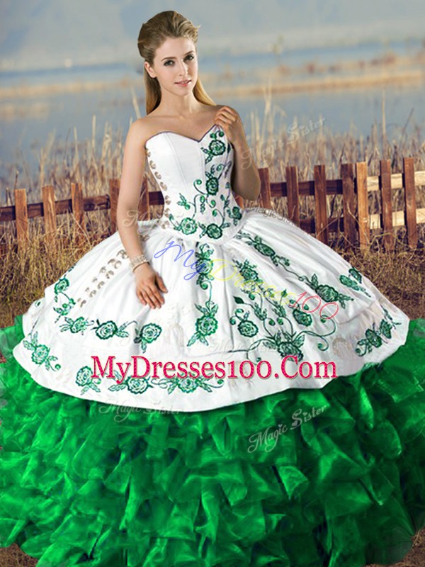High Class Dark Green Sweetheart Lace Up Embroidery and Ruffles 15th Birthday Dress