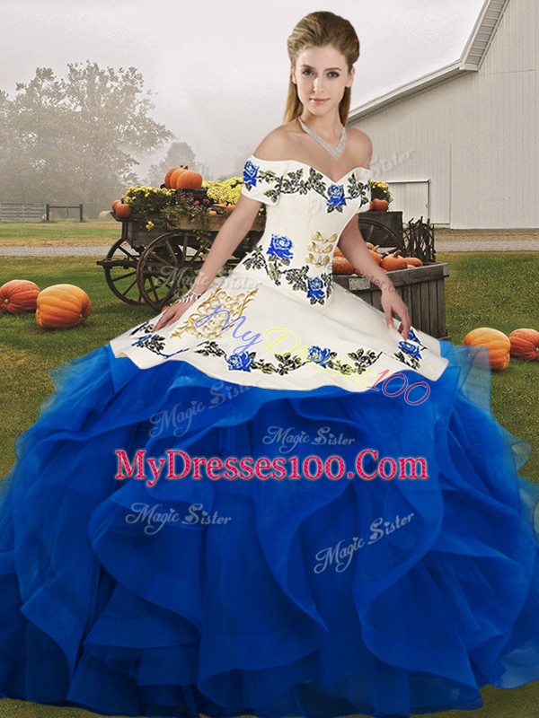 Charming Royal Blue Ball Gowns Tulle Off The Shoulder Sleeveless Embroidery and Ruffles Floor Length Lace Up Ball Gown Prom Dress