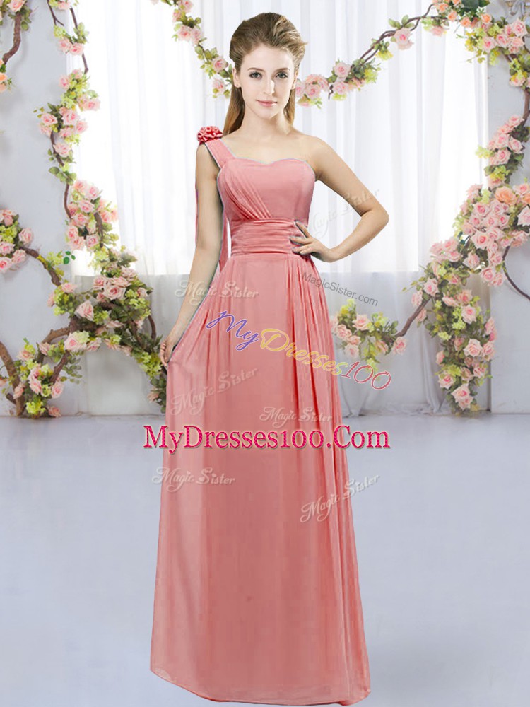Sexy Watermelon Red Chiffon Lace Up One Shoulder Sleeveless Floor Length Court Dresses for Sweet 16 Hand Made Flower