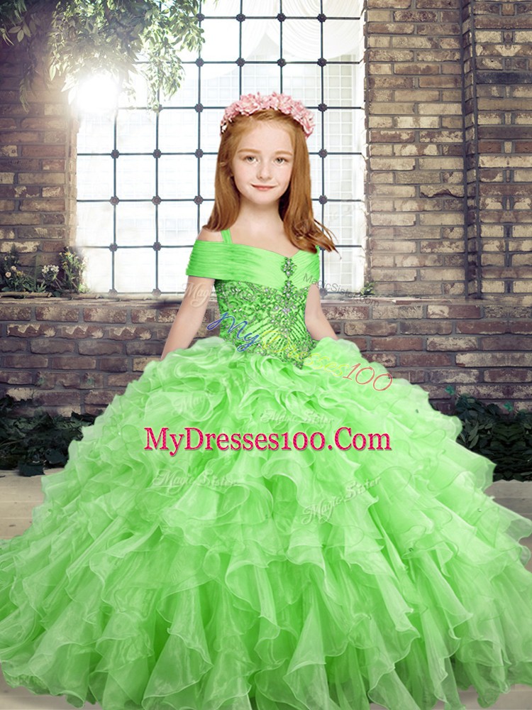 Ball Gowns Organza Straps Sleeveless Beading and Ruffles Floor Length Lace Up Pageant Dress for Teens