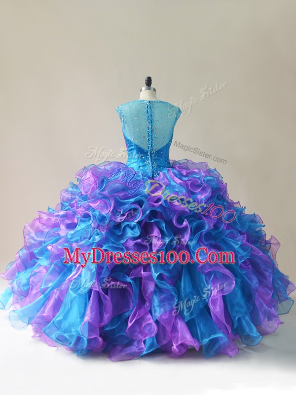 Multi-color Organza Zipper 15th Birthday Dress Sleeveless Floor Length Beading and Ruffles