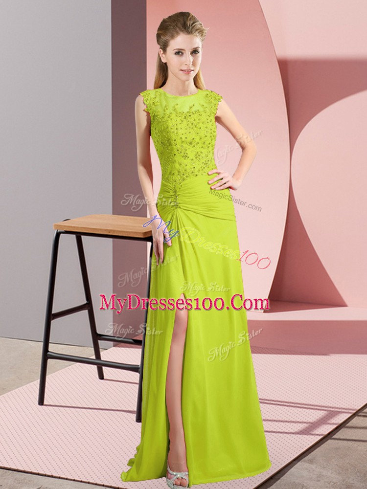 Exceptional Chiffon Scoop Sleeveless Zipper Beading in Yellow Green
