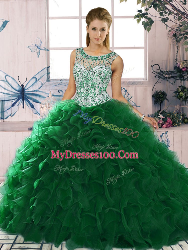 Scoop Sleeveless 15th Birthday Dress Floor Length Beading and Ruffles Dark Green Organza