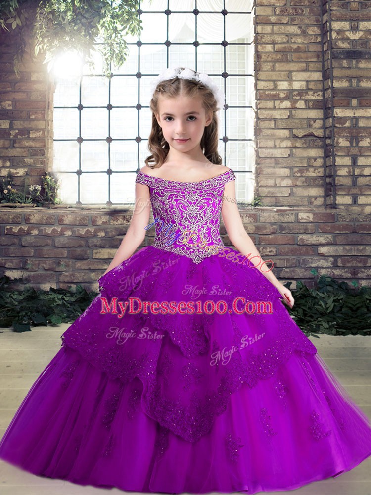 Hot Sale Off The Shoulder Sleeveless Little Girls Pageant Dress Floor Length Beading and Lace and Appliques Eggplant Purple Chiffon
