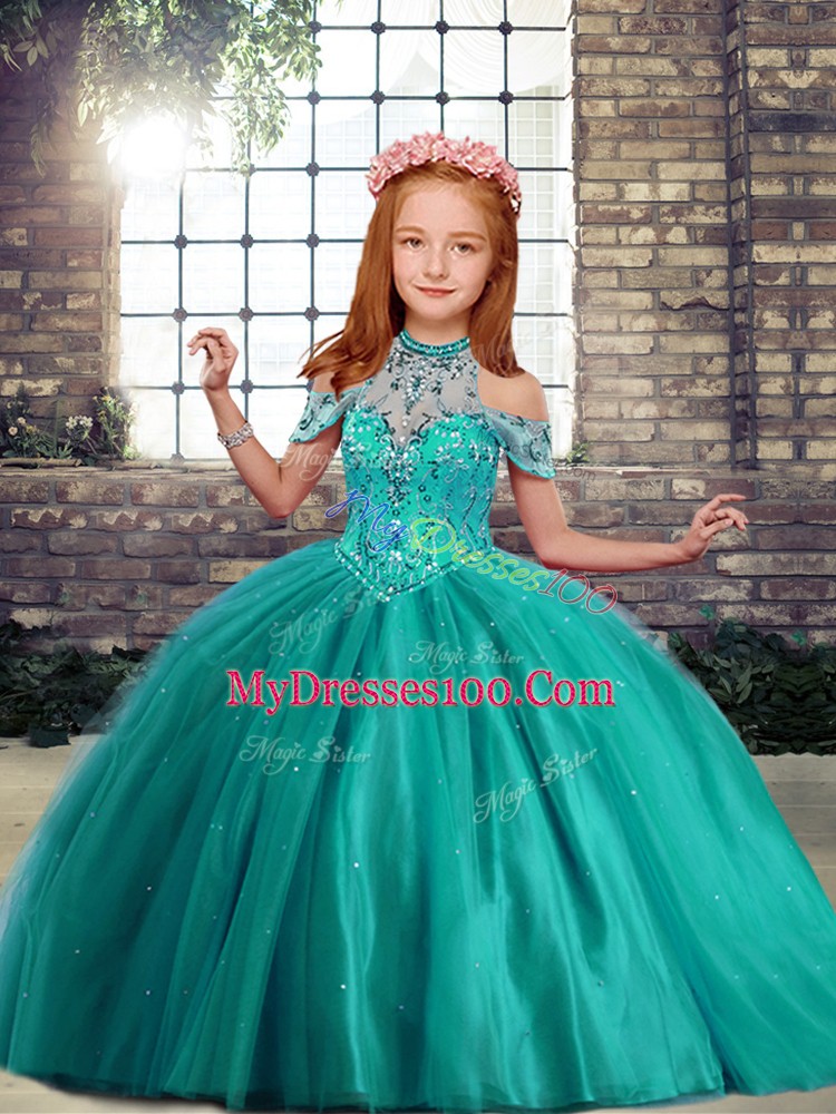 Fancy Turquoise Pageant Gowns For Girls Party and Wedding Party with Beading High-neck Sleeveless Lace Up