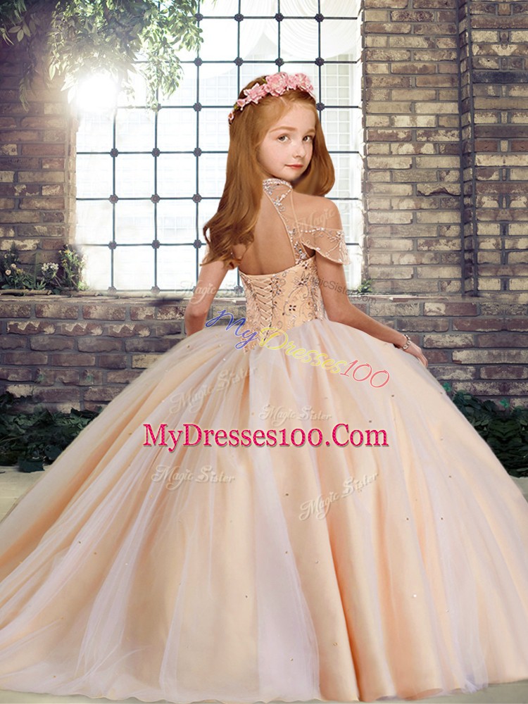 Fancy Turquoise Pageant Gowns For Girls Party and Wedding Party with Beading High-neck Sleeveless Lace Up