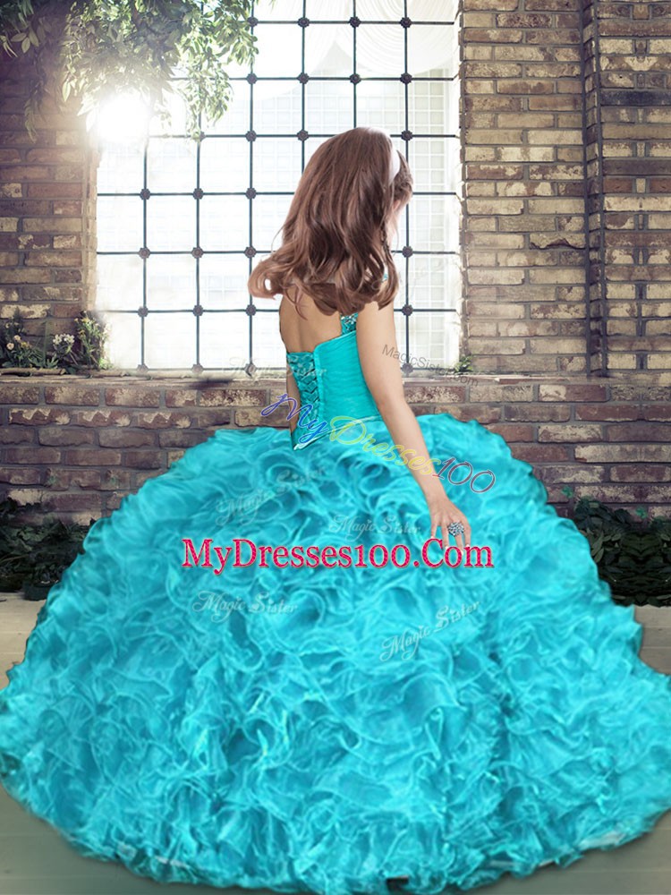 New Style Aqua Blue Ball Gowns Straps Sleeveless Organza Floor Length Lace Up Beading Custom Made Pageant Dress