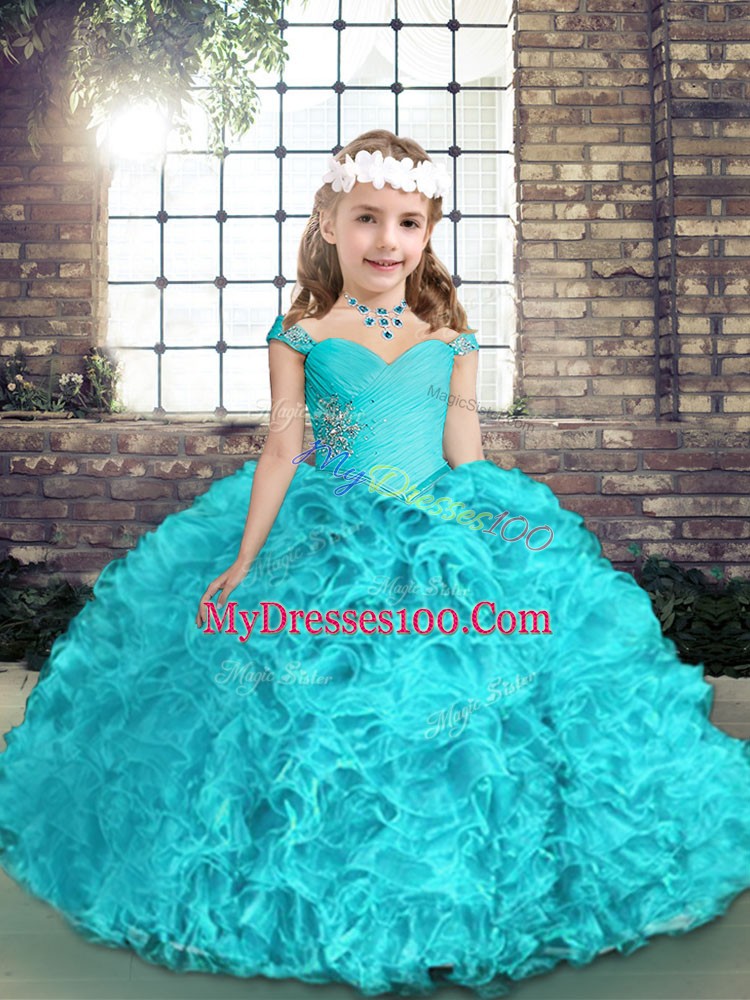 New Style Aqua Blue Ball Gowns Straps Sleeveless Organza Floor Length Lace Up Beading Custom Made Pageant Dress