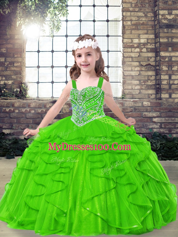 Beautiful Straps Side Zipper Beading and Ruffles Pageant Gowns For Girls Sleeveless