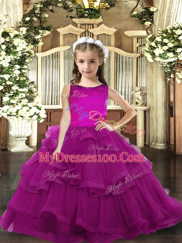 Floor Length Lace Up Kids Formal Wear Purple for Party and Wedding Party with Ruffled Layers