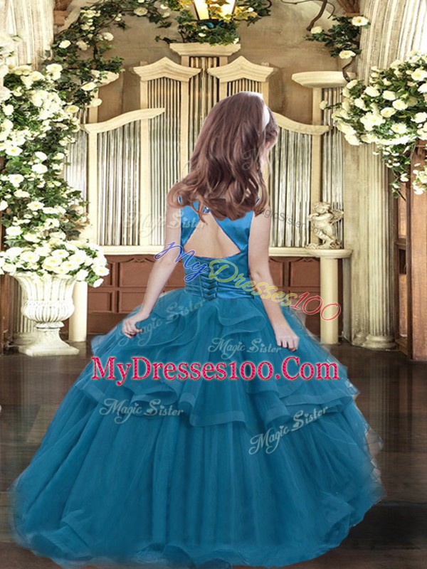 Floor Length Lace Up Kids Formal Wear Purple for Party and Wedding Party with Ruffled Layers