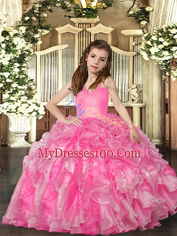 Custom Made Rose Pink Sleeveless Floor Length Ruffles Lace Up Kids Formal Wear