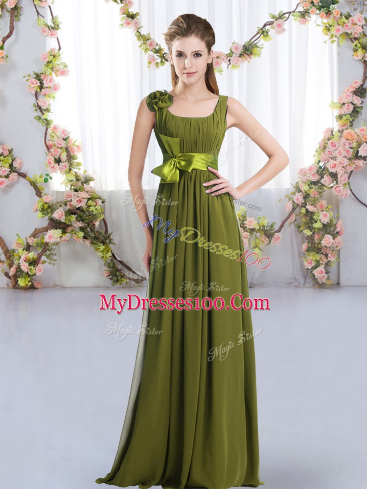 Olive Green Empire Chiffon Straps Sleeveless Belt and Hand Made Flower Floor Length Zipper Dama Dress for Quinceanera