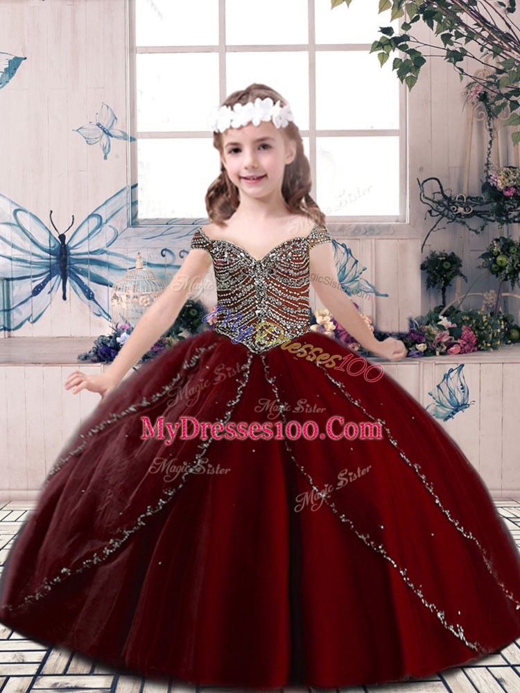 Wine Red Spaghetti Straps Lace Up Beading Kids Formal Wear Sleeveless