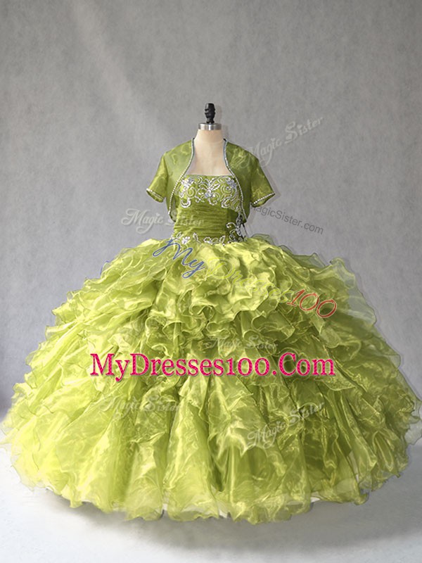 Sleeveless Organza Floor Length Lace Up Quinceanera Gowns in Olive Green with Beading and Ruffles