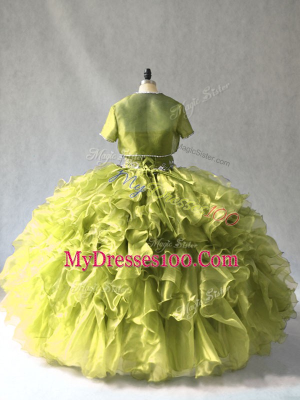 Sleeveless Organza Floor Length Lace Up Quinceanera Gowns in Olive Green with Beading and Ruffles