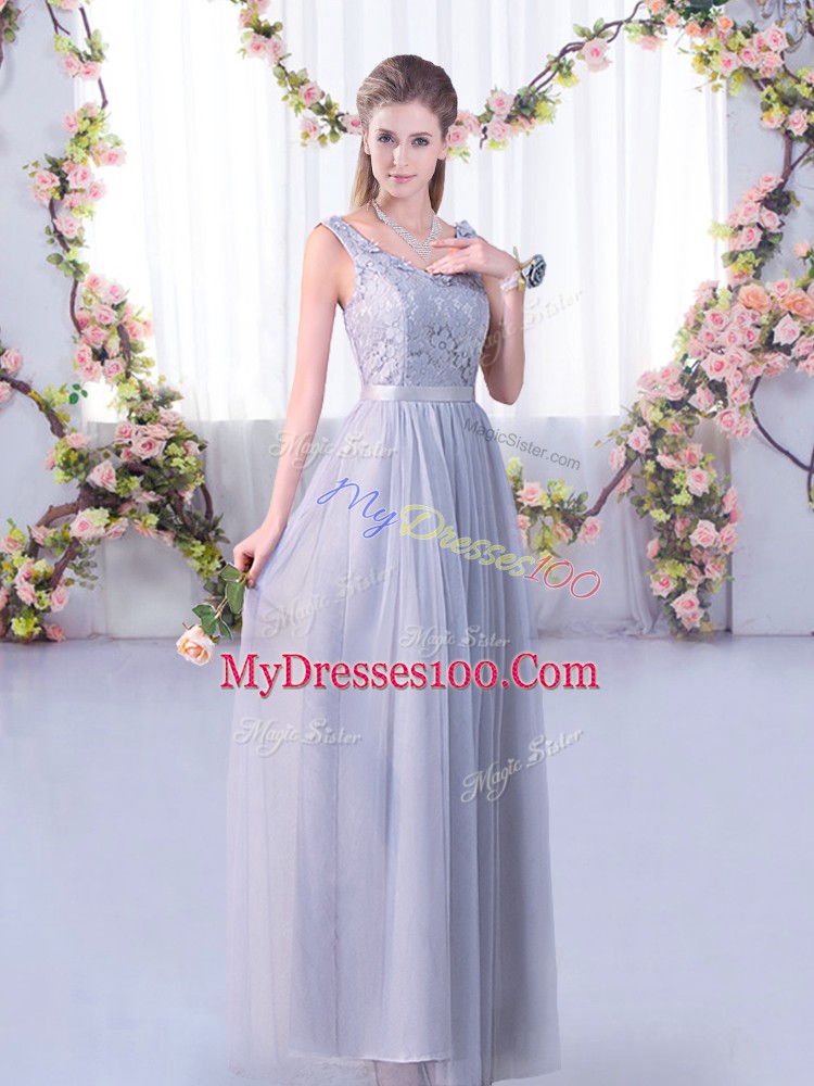 Deluxe Floor Length Grey Quinceanera Dama Dress V-neck Sleeveless Side Zipper