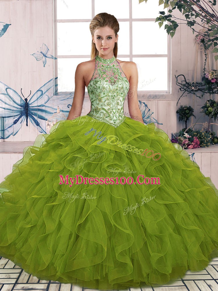 Halter Top Sleeveless Sweet 16 Quinceanera Dress Floor Length Beading and Ruffles Olive Green Tulle