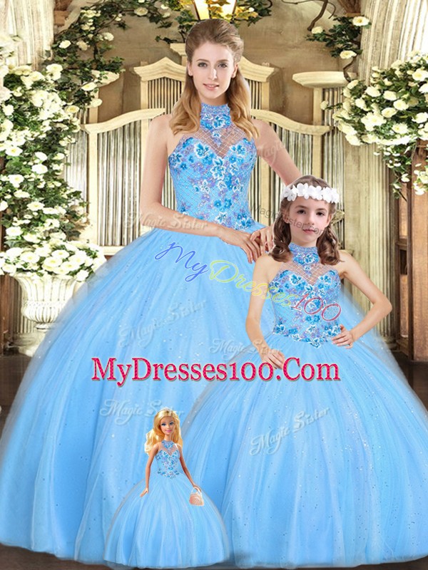 Low Price Sleeveless Tulle Floor Length Lace Up Quinceanera Gowns in Baby Blue with Embroidery