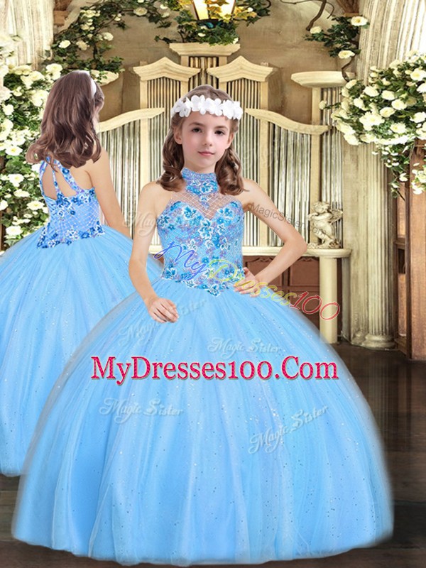 Low Price Sleeveless Tulle Floor Length Lace Up Quinceanera Gowns in Baby Blue with Embroidery