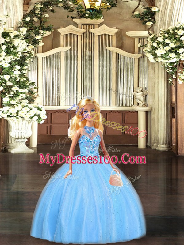 Low Price Sleeveless Tulle Floor Length Lace Up Quinceanera Gowns in Baby Blue with Embroidery