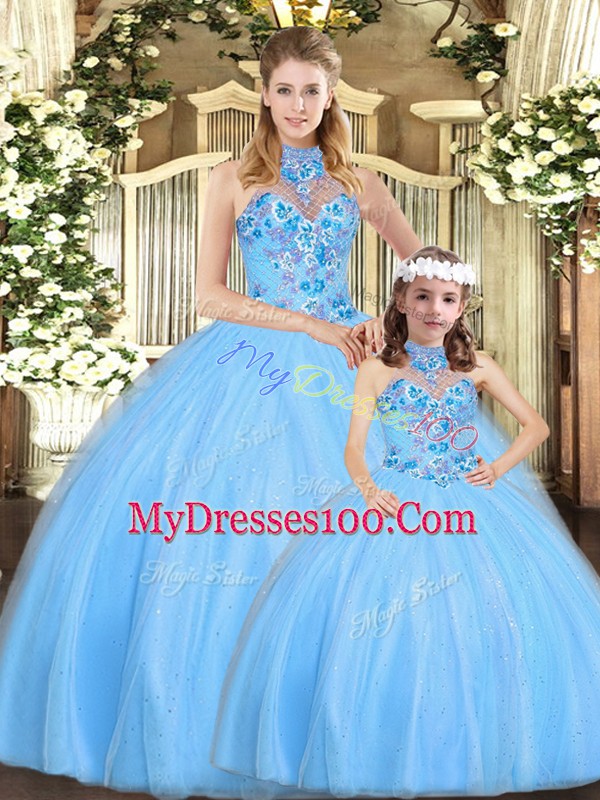 Low Price Sleeveless Tulle Floor Length Lace Up Quinceanera Gowns in Baby Blue with Embroidery