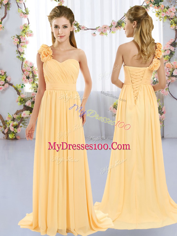 Glamorous Gold One Shoulder Lace Up Hand Made Flower Bridesmaids Dress Brush Train Sleeveless