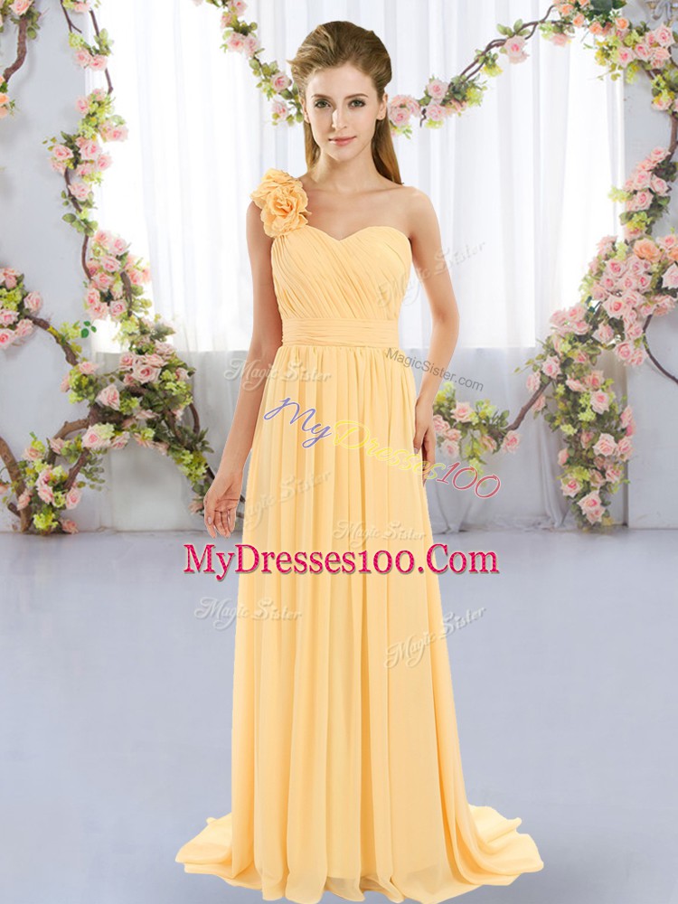 Glamorous Gold One Shoulder Lace Up Hand Made Flower Bridesmaids Dress Brush Train Sleeveless