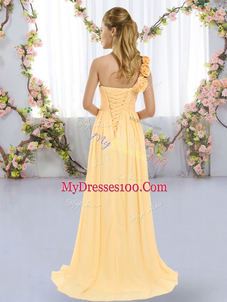 Glamorous Gold One Shoulder Lace Up Hand Made Flower Bridesmaids Dress Brush Train Sleeveless