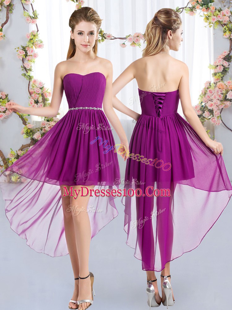 Purple Chiffon Lace Up Strapless Sleeveless High Low Wedding Party Dress Beading
