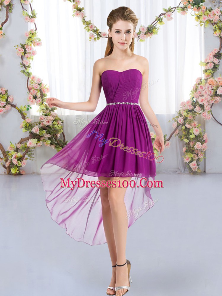 Purple Chiffon Lace Up Strapless Sleeveless High Low Wedding Party Dress Beading