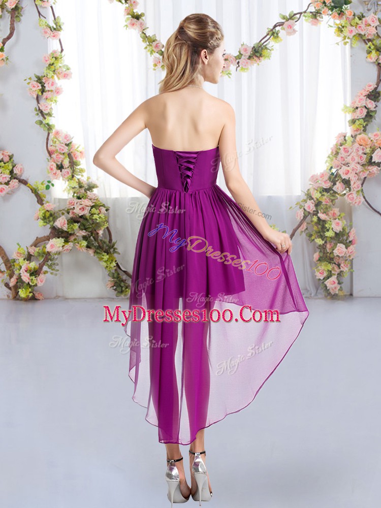 Purple Chiffon Lace Up Strapless Sleeveless High Low Wedding Party Dress Beading