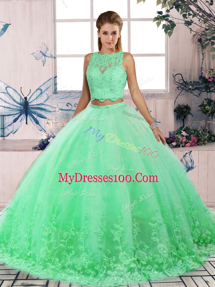 Sexy Turquoise Two Pieces Lace Ball Gown Prom Dress Backless Tulle Sleeveless