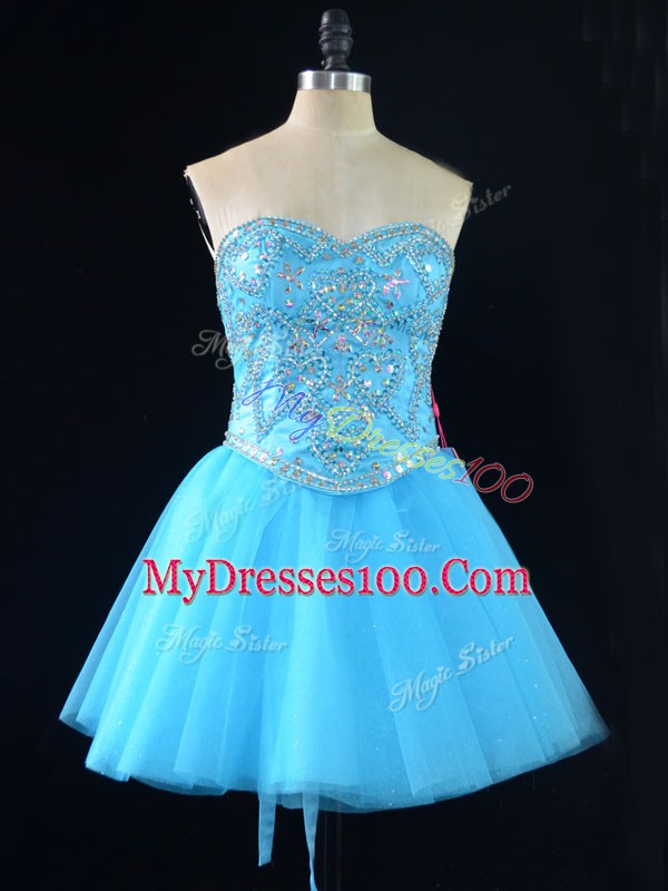 Sweetheart Sleeveless Lace Up Casual Dresses Aqua Blue Tulle