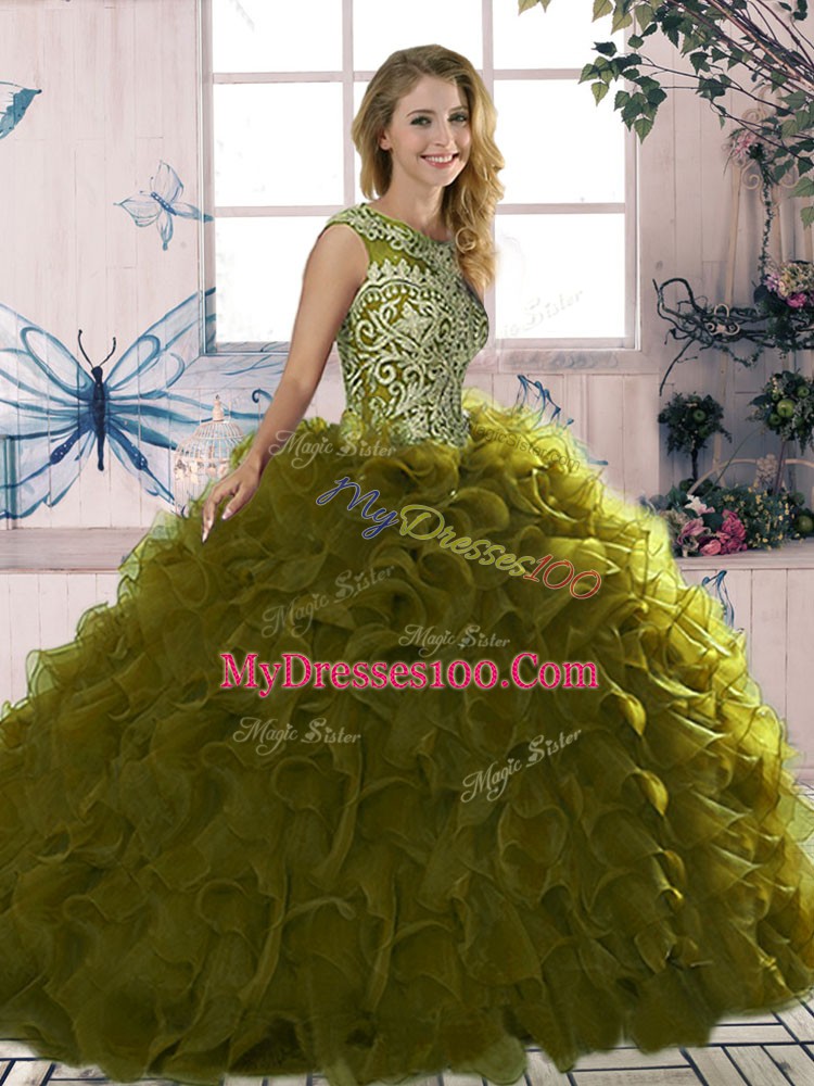 Floor Length Lace Up Quinceanera Gowns Olive Green for Military Ball and Sweet 16 and Quinceanera with Beading and Ruffles