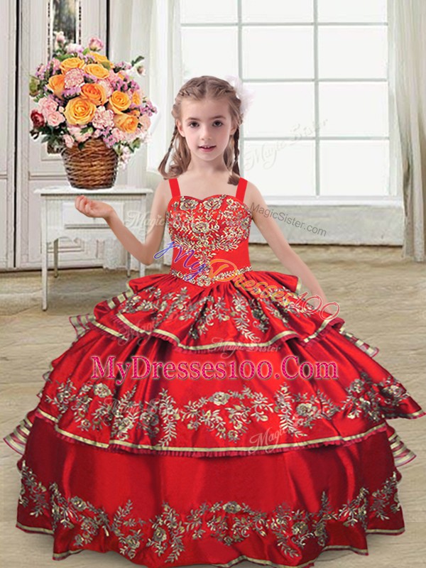Embroidery and Ruffled Layers Little Girl Pageant Gowns Red Lace Up Sleeveless Floor Length