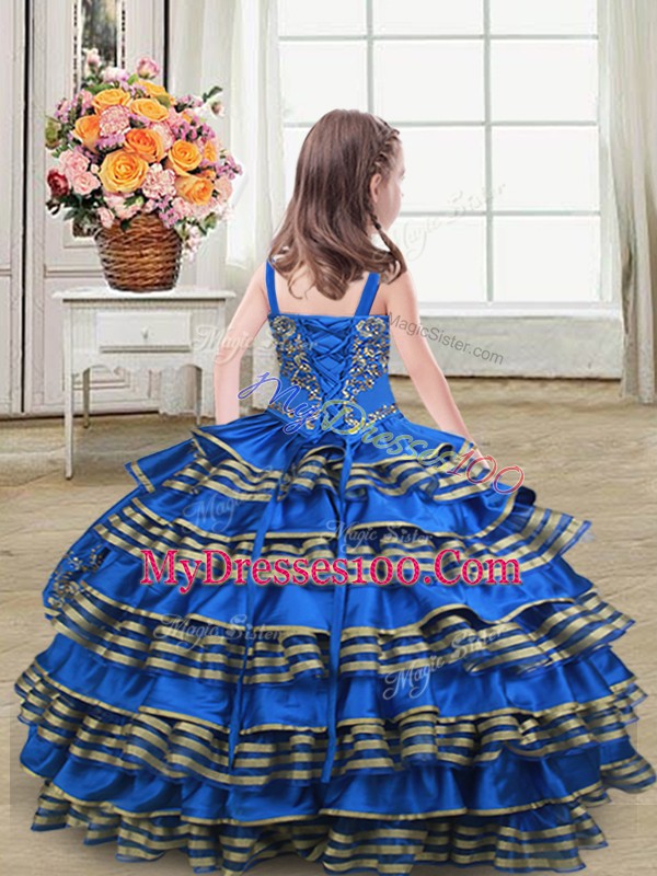 Embroidery and Ruffled Layers Little Girl Pageant Gowns Red Lace Up Sleeveless Floor Length