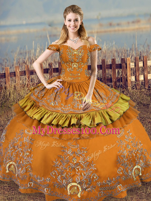 Colorful Satin Off The Shoulder Sleeveless Lace Up Embroidery Quinceanera Gowns in Brown